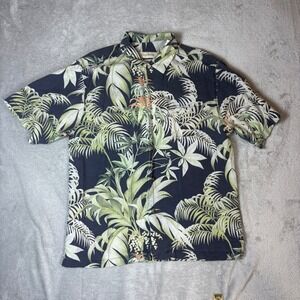 Tommy Bahama Shirts Mens Medium Original Fit Silk Tropical Palm Leaf Navy Blue
